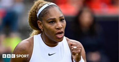 Serena Williams celebrates during a doubles match at the Berlin Open