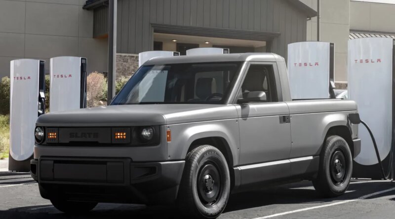 Slate Auto's Blank Slate truck charging at a Tesla Supercharger