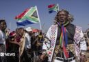 Hundreds of protesters marching outdoors, chanting and holding south african flags and signs