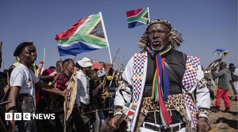 Hundreds of protesters marching outdoors, chanting and holding south african flags and signs