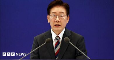 South Korean President Lee Jae-myung speaking during a news conference at the presidential Blue House in Seoul