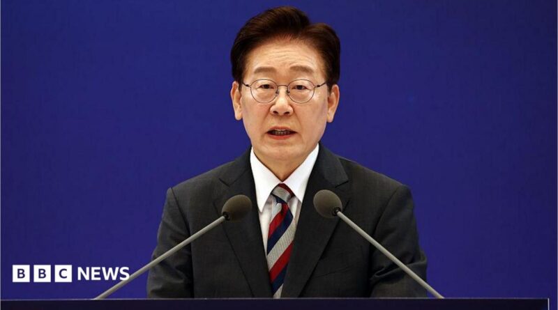 South Korean President Lee Jae-myung speaking during a news conference at the presidential Blue House in Seoul