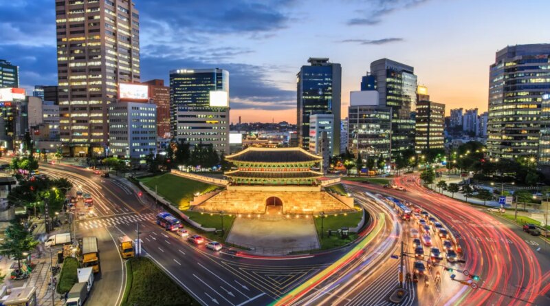 Old fortress gate with light trails at downtown - Seoul, South Korea