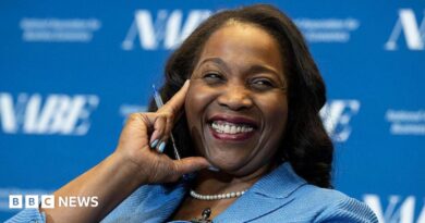 Lisa D. Cook, a member of the Board of Governors of the Federal Reserve, smiles while holding her hand against her face. She is wearing a blue suit and speaks at The Capital Hilton during the 42nd annual National Association for Business Economics Economic Policy Conference on February 24, 2026 in Washington, DC.