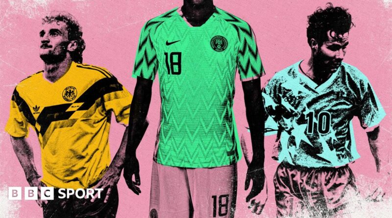 Graphic showing shirts of West Germany 1990, Nigeria 2018 and USA 1994
