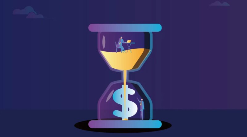 Business men work in an hourglass, hourglass and dollars, time is money