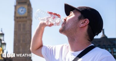 A man drinks from a water bottle with a sunny sky overhead and a blurred view of the Westminster skyline in the background