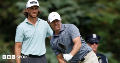 Tommy Fleetwood and Rory McIlroy pictured together during the second round of the US Open at Shinnecock Hills
