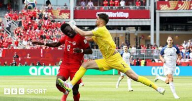 Bosnia goalkeeper Nikola Vasilj collides with Canada striker Tani Oluwaseyi.