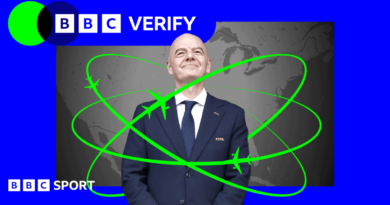 Fifa President Gianni Infantino in a suit, with a map of North America in the background and a bright green illustrated flight path looping around him and small airplane icons tracing the routes. A blue border is around the image and in the top left reads “BBC Verify"