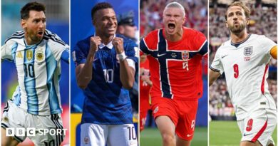 A collage of Lionel Messi of Argentina, Kylian Mbappe of France, Erling Haaland of Norway and Harry Kane of England