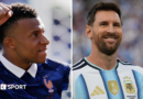 A split image of France striker Kylian Mbappe and Argentina's Lionel Messi celebrating scoring goals at the 2026 World Cup