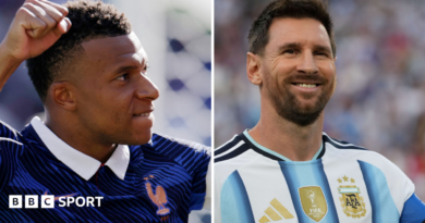 A split image of France striker Kylian Mbappe and Argentina's Lionel Messi celebrating scoring goals at the 2026 World Cup