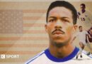 Graphic showing Desmond Armstrong against a background of the USA flag