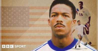 Graphic showing Desmond Armstrong against a background of the USA flag