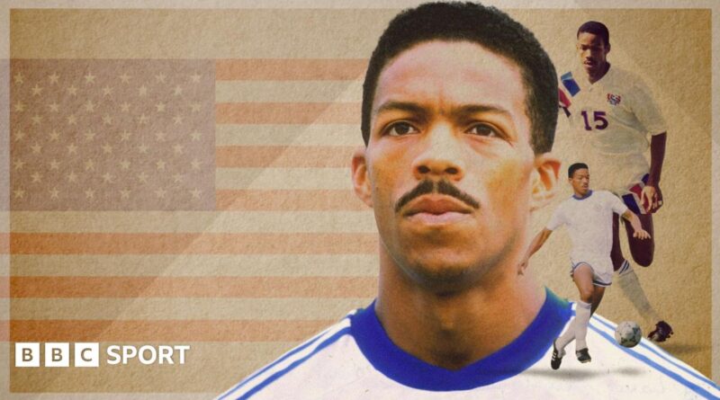 Graphic showing Desmond Armstrong against a background of the USA flag