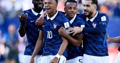 France's Kylian Mbappe celebrates scoring their third goal with Dayot Upamecano, Jules Kounde and Rayan Cherki