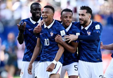 France's Kylian Mbappe celebrates scoring their third goal with Dayot Upamecano, Jules Kounde and Rayan Cherki 