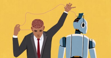 Businessman pulling at thread connecting his brain and open head of AI robot on yellow background