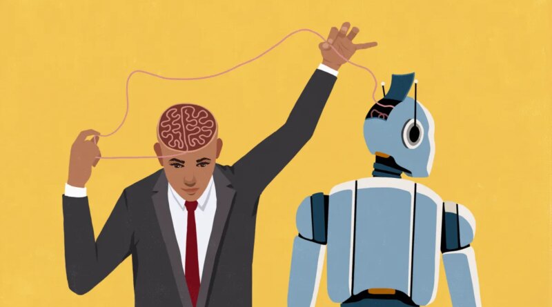 Businessman pulling at thread connecting his brain and open head of AI robot on yellow background