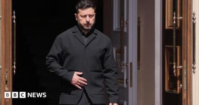 Zelensky, wearing a dark suit, walking through a doorway
