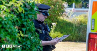 A police officer looks down at a sheet of paper while wearing uniform next to a bush and police van outside Widdecombe's home on Friday.