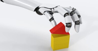 Robot hand building house with building blocks