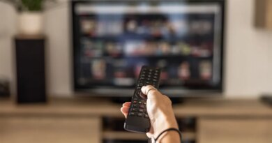 hand holding remote pointed at TV