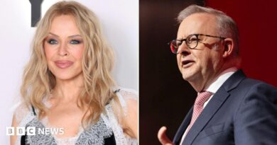 A split screen image of a woman with wavy blonde hair and heavy makeup on the left and a man with short grey hair and glasses in a suit on the right