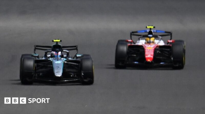 Mercedes' Kimi Antonelli ahead of Ferrari's Lewis Hamilton in the British Grand Prix sprint race