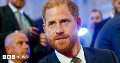 Headshot of Prince Harry in a blue suit, white shirt, and dark green tie looking off-camera in a room with several men in suits out of focus in the background,