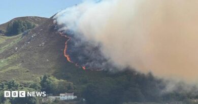 A composite side by side. On the left, there is a hill with clear damage from a fire as some bellows from the hillside. There is a strip of fire coming down the mountain. On the right, the sky is barely visible with the sun just poking through the blooms of smoke in the sky. There is an emergency vehicle visible on the side of the road.