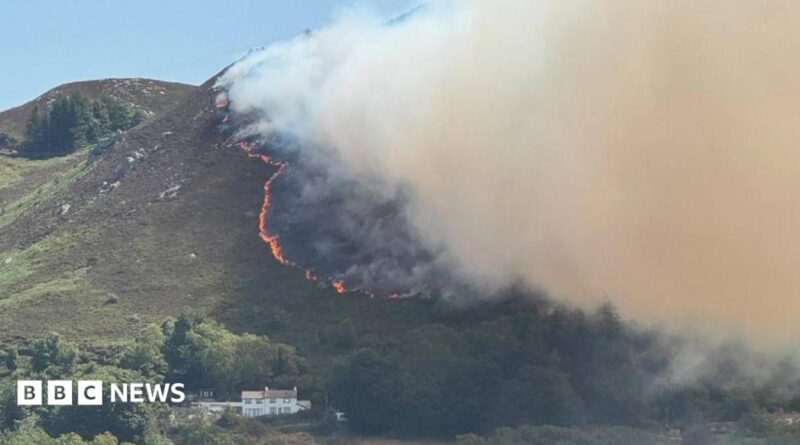 A composite side by side. On the left, there is a hill with clear damage from a fire as some bellows from the hillside. There is a strip of fire coming down the mountain. On the right, the sky is barely visible with the sun just poking through the blooms of smoke in the sky. There is an emergency vehicle visible on the side of the road.