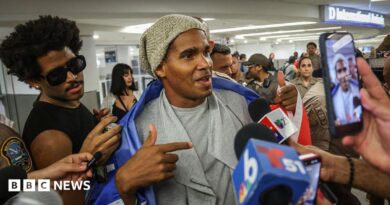 Luis Manuel Otero Alcántara speaks to journalists at Miami airport. 