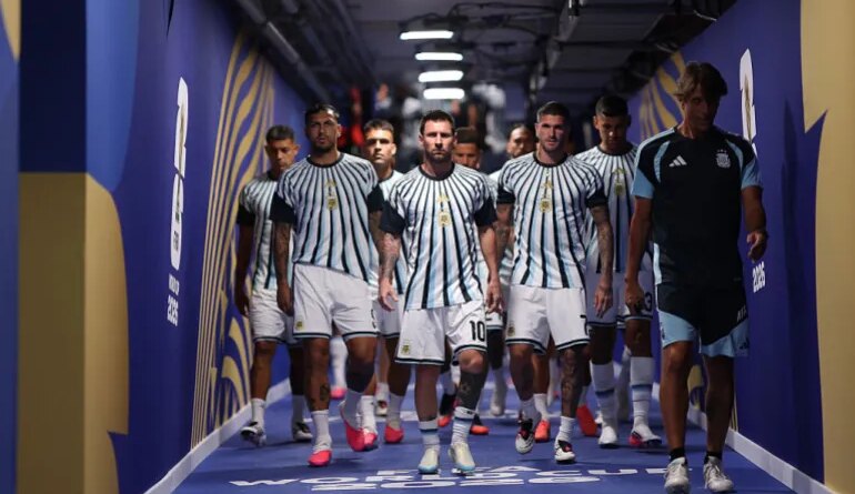Lionel Messi #10 of Argentina leads teammates out of the tunnel for warm ups before the FIFA World Cup 2026 Quarter Final match between Argentina and Switzerland