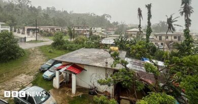 This picture shows a general view of a residential area as rain falls ahead of the arrival of the forecasted Super Typhoon Bavi in Saipan, Northern Mariana Islands, on July 5, 2026.