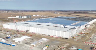 An aerial view of a battery factory under construction.