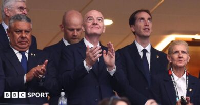 FA chairwoman Debbie Hewitt (right) and chief executive Mark Bullingham (second right) with FIFA president Gianni Infantino (centre) at the World Cup semi-final between England and Argentina