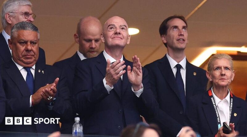 FA chairwoman Debbie Hewitt (right) and chief executive Mark Bullingham (second right) with FIFA president Gianni Infantino (centre) at the World Cup semi-final between England and Argentina