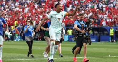 Kylian Mbappe reacts.