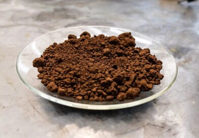 A plate of red mud sits on a lab workbench.