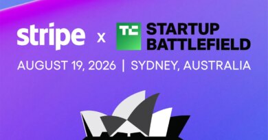 A promotional graphic for TechCrunch and Stripe's Startup Battlefield competition in Sydney, Australia August 19
