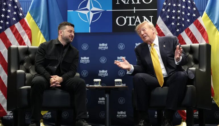 ANKARA, TURKEY - JULY 08: U.S. President Donald Trump (R) meets with Volodymyr Zelenskyy, President of Ukraine (L) for bilateral talks at Beştepe Presidential Compound during the NATO Summit on July 08, 2026 in Ankara, Turkey. Leaders from NATO's 32 countries, plus NATO allies like Ukraine, gathered in the Turkish capital to discuss a range of issues involving spending targets, defense industrial production, and support for Ukraine, among other topics. (Photo by Win McNamee/Getty Images)