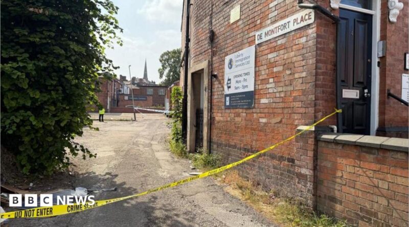 A general view of a police cordon with the words 'do not enter' blocking an entrance to De Montford Place in Leicester.