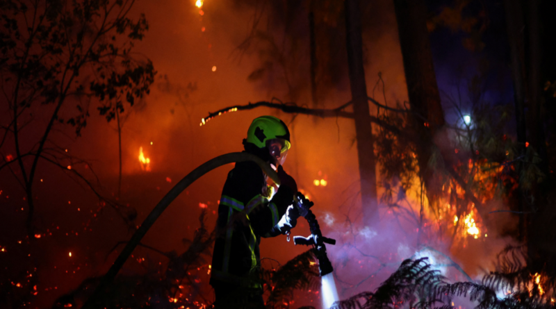 A firefighter works at the scene of a wildfire, in Andernos-les-Bains in the Gironde department, amongst worsening drought conditions following a heatwave and water shortages across much of France, July 26, 2026