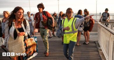 A volunteer gives indication to holidaymakers from Lege-Cap-Ferret upon their arrival in Arcachon by boat during an evacuation operation of the entire Cap-Ferret peninsula, in southwestern France, on July 24, 2026 whilst a wildfire is spreading across the area