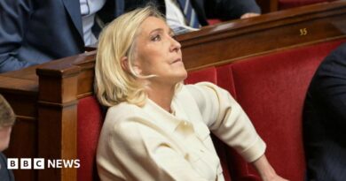 Marine Le Pen sits in France's National Assembly in a red velvet seat. She is biting her lip and looking up. She wears a cream suit.