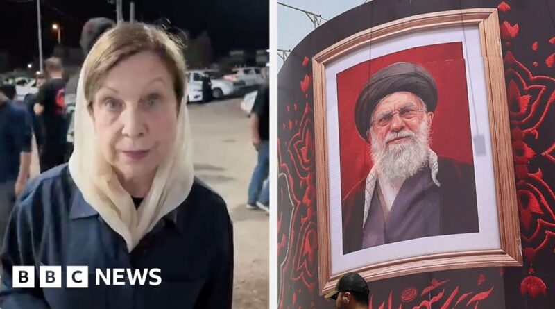 On the left, Lyse Doucet wear a dark jacket. On the right, an image of Iran's former supreme leader.