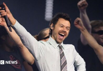 Harry Styles, who has styled short brown hair, performing in a white shirt and grey tie on stage at the BRIT awards earlier this year