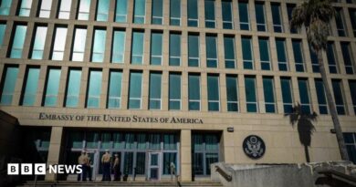 US Marines stand outside the Embassy of the United State of America in Havana, on February 21, 2018